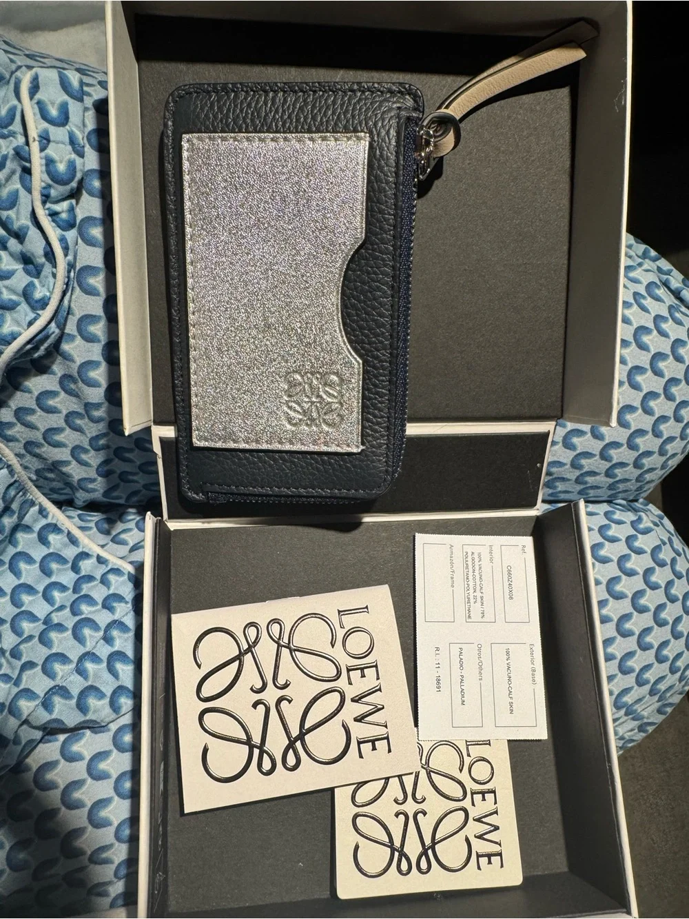 NIB LOEWE Navy & Silver Glitter Card Wallet